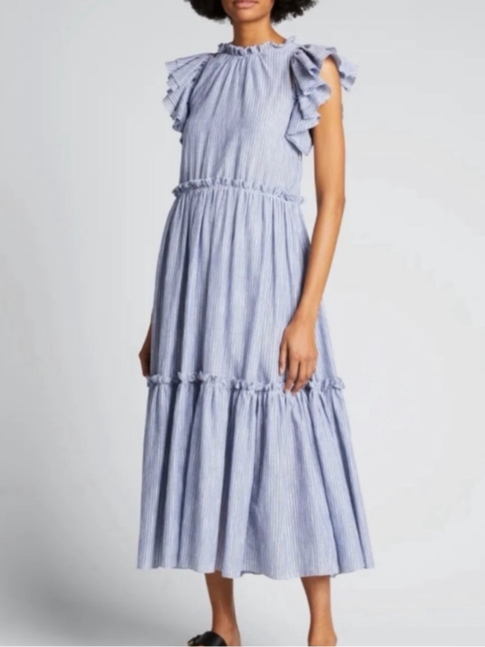 Cinq a Sept Yanin Pinstriped Chambray Flutter-Sleeve Tiered Dress Size 4